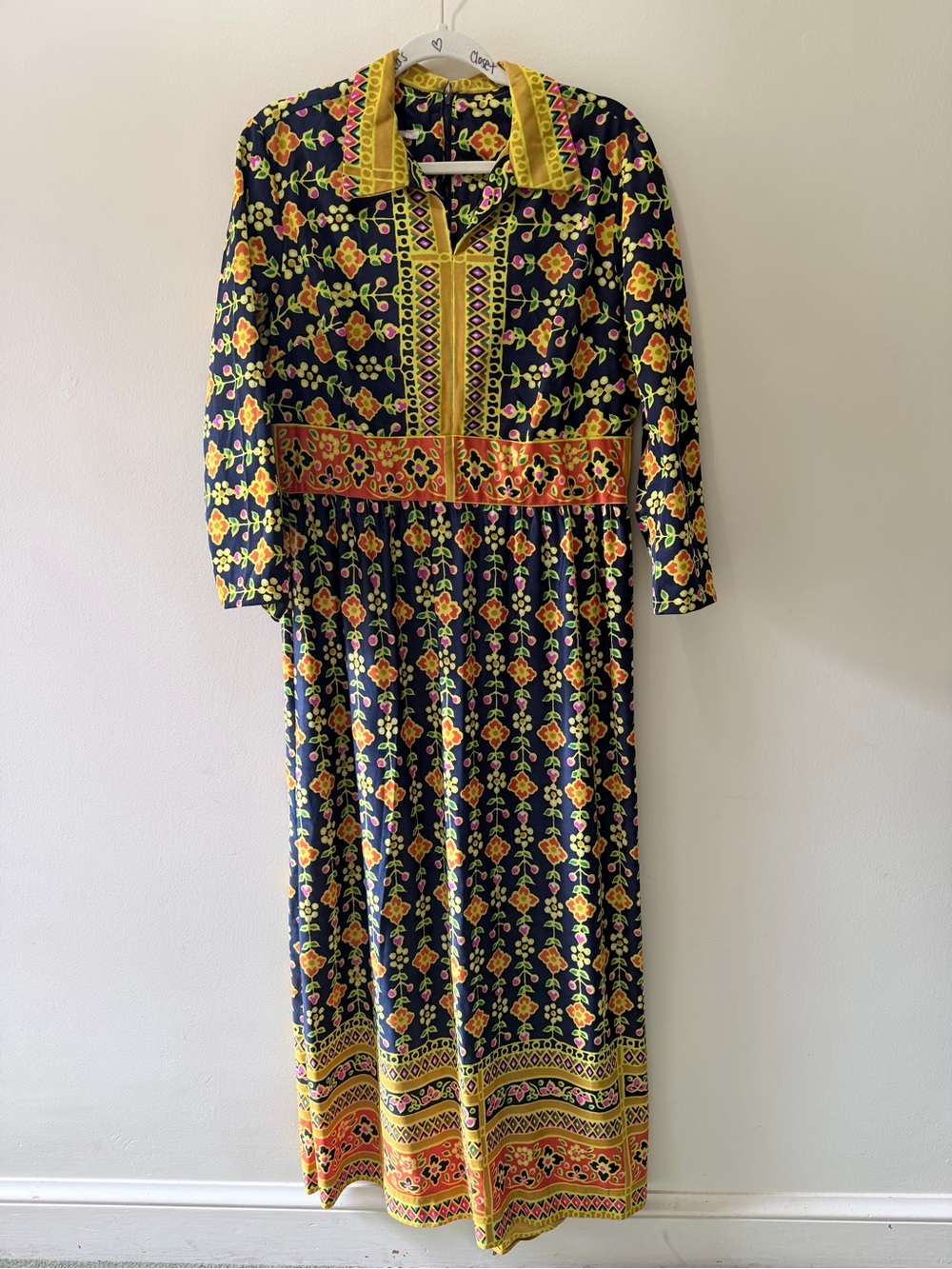 Vintage 70s I. Magnin Retro Flower Pattern Maxi Dress Psychedelic Mcm Golden L